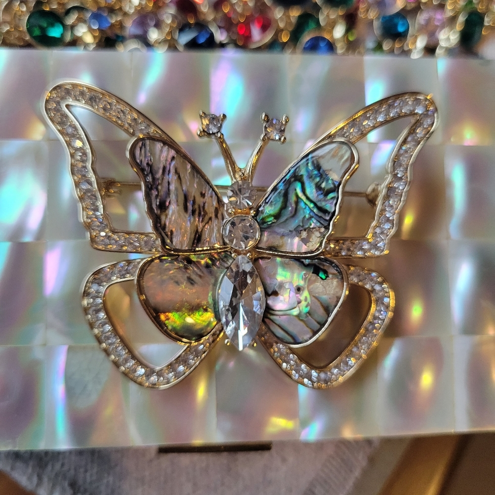 Butterfly Brooch NIB ~  Charter Club ~ Abalone & Rhinestone ~ Boho Chic!